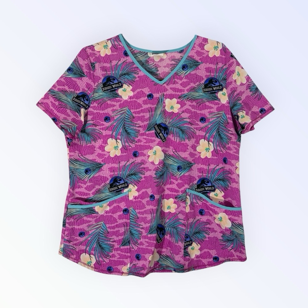 Jurassic World Floral Pattern Scrub Top Short V-Neck Pink Blue Yellow LARGE‎